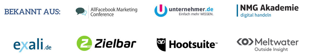 Socialmedia Doktor ist bekannt aus AllFacebook Marketing Conference, unternehmer.de, NMG Akademie, exali.de, ZIELBAR.de, Hootsuite.com, meltwater.com u.a.